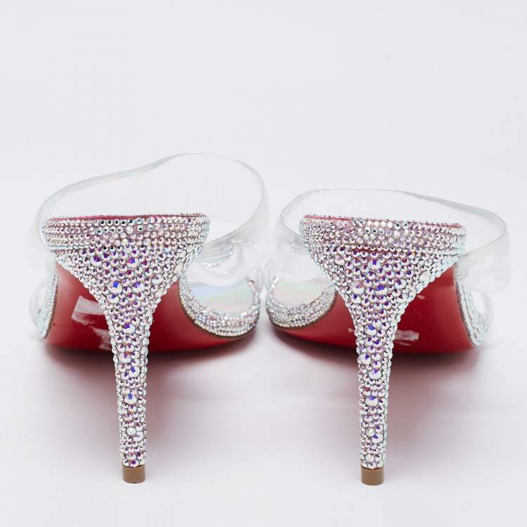 Pre Owned Christian Louboutin Silver/Transparent PVC Just Strass Slide Sandals Size 36.5