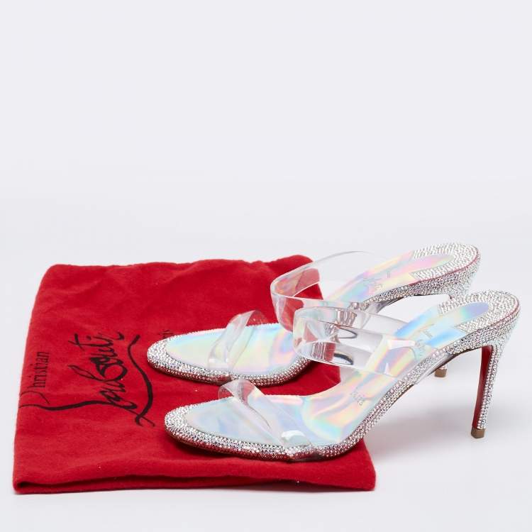 Pre Owned Christian Louboutin Silver/Transparent PVC Just Strass Slide Sandals Size 36.5