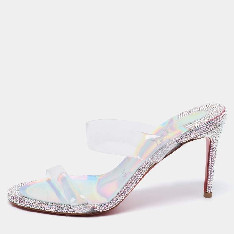 Pre Owned Christian Louboutin Silver/Transparent PVC Just Strass Slide Sandals Size 36.5