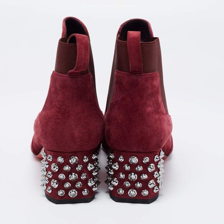 Pre Owned Christian Louboutin Burgundy Suede Study Spike Ankle Boots Size 38.5