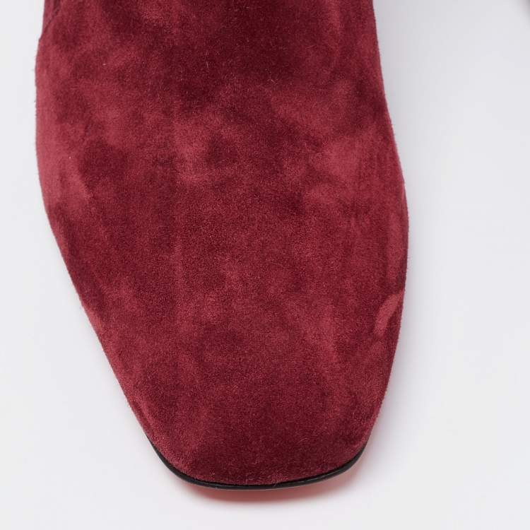 Pre Owned Christian Louboutin Burgundy Suede Study Spike Ankle Boots Size 38.5