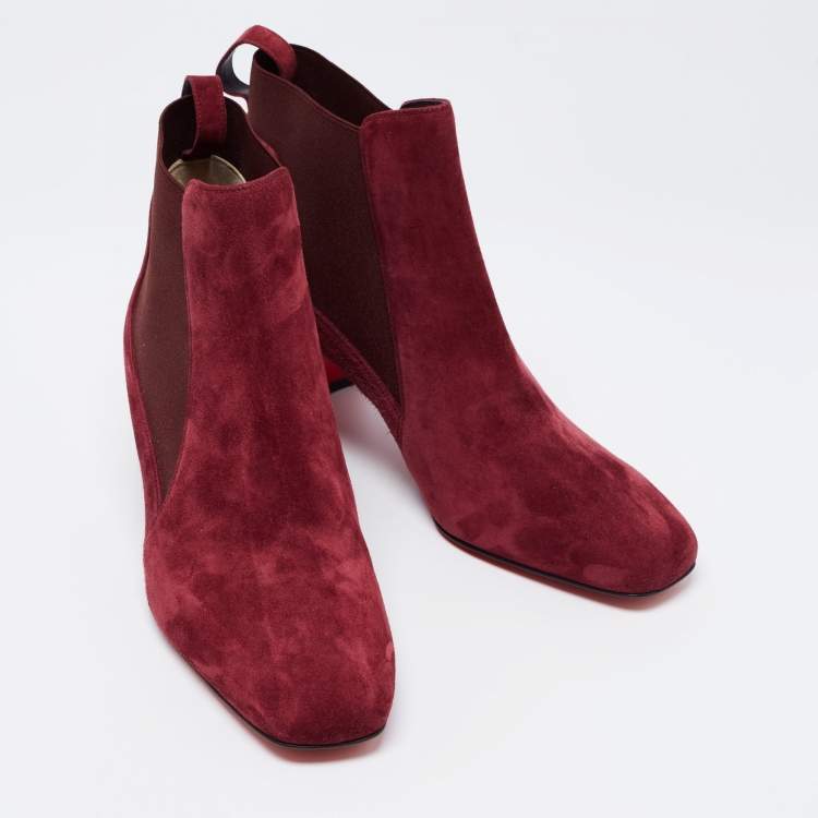 Pre Owned Christian Louboutin Burgundy Suede Study Spike Ankle Boots Size 38.5