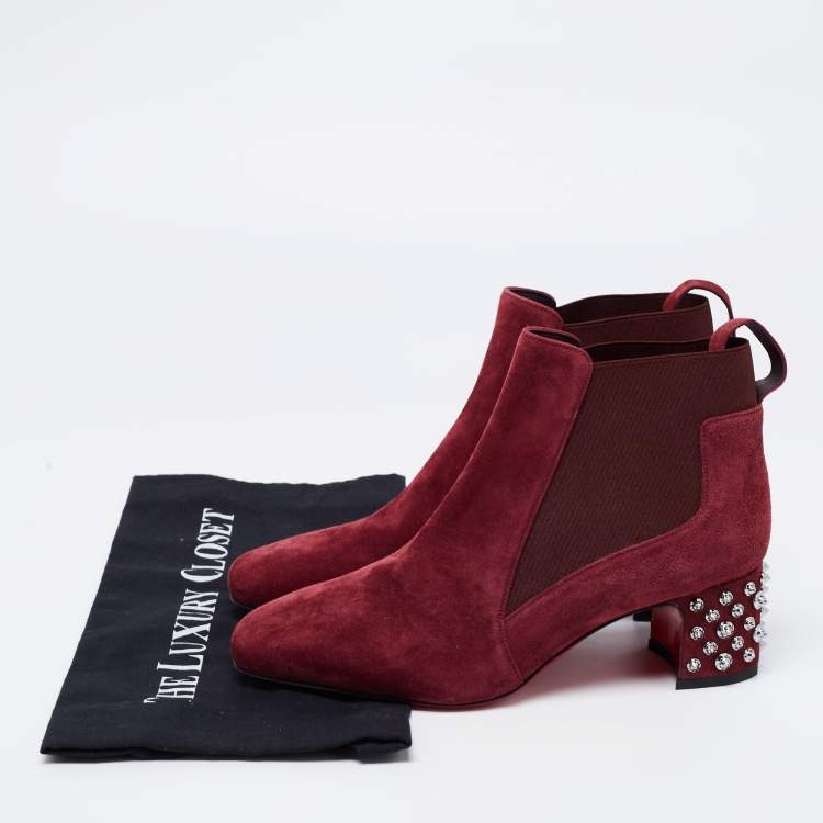 Pre Owned Christian Louboutin Burgundy Suede Study Spike Ankle Boots Size 38.5