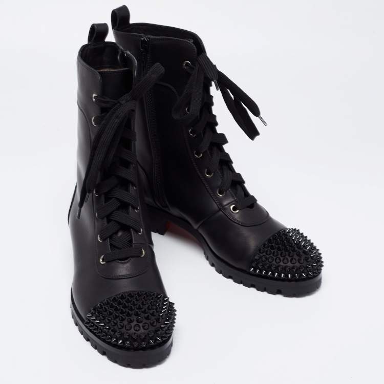 Pre Owned Christian Louboutin Black Leather Spiked Ankle Boots Size 38.5