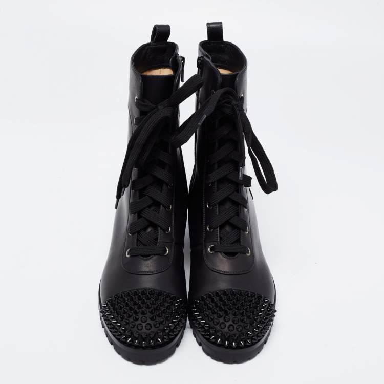 Pre Owned Christian Louboutin Black Leather Spiked Ankle Boots Size 38.5