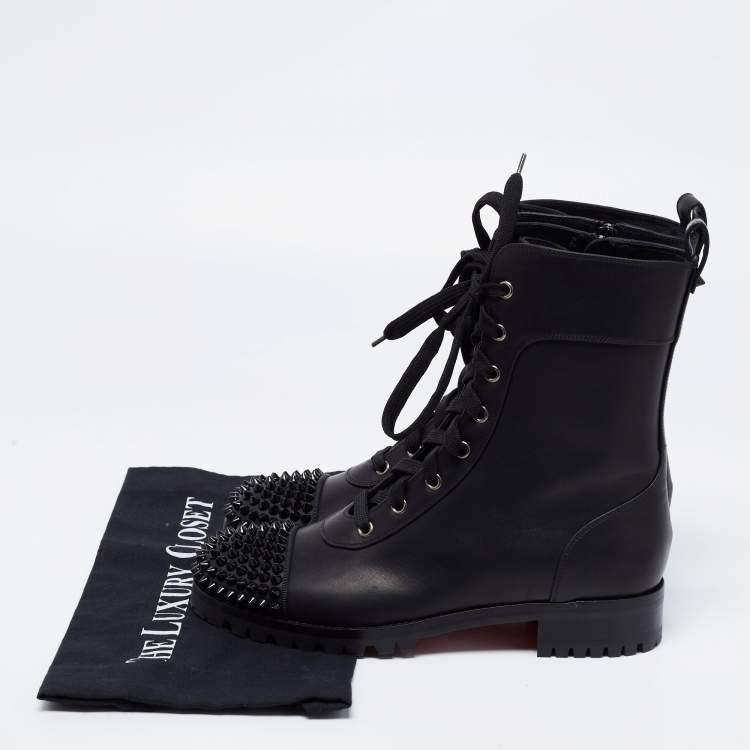 Pre Owned Christian Louboutin Black Leather Spiked Ankle Boots Size 38.5