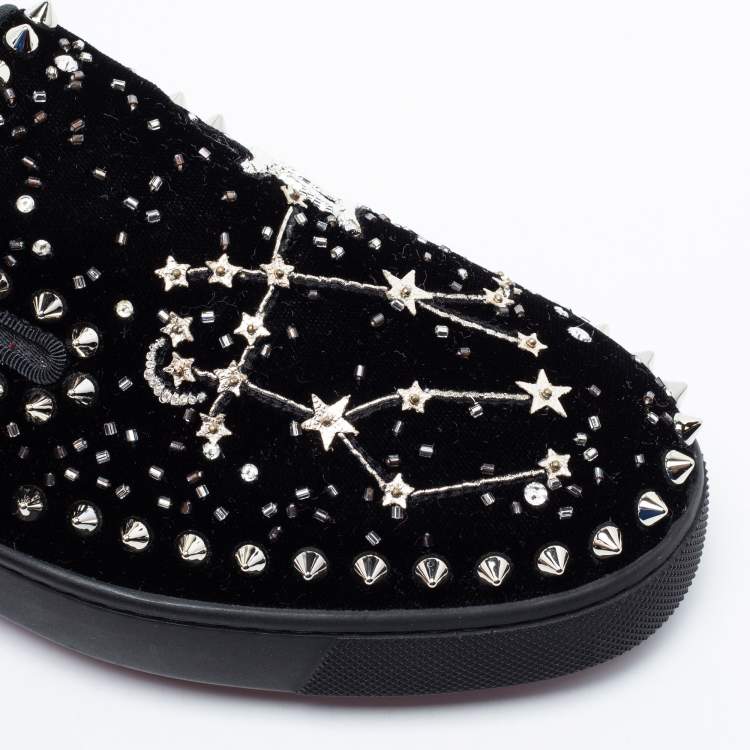 Pre Owned Christian Louboutin Black Velvet Spike Embellished Slip On Sneakers Size 36.5
