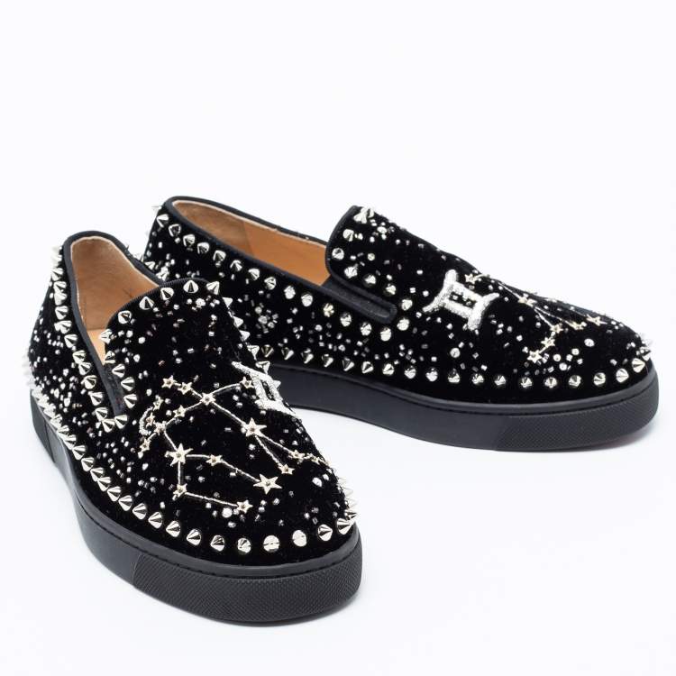 Pre Owned Christian Louboutin Black Velvet Spike Embellished Slip On Sneakers Size 36.5