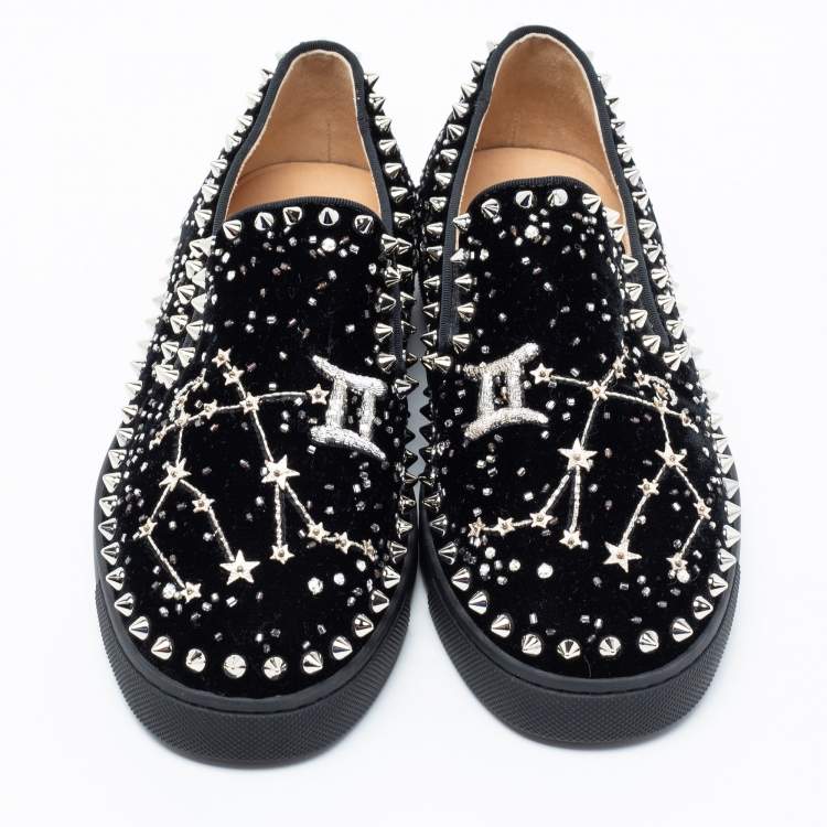 Pre Owned Christian Louboutin Black Velvet Spike Embellished Slip On Sneakers Size 36.5