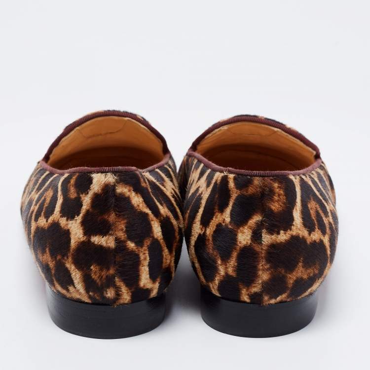 Pre Owned Christian Louboutin Tri-Color Leopard Print Calf Hair and Velvet My Love Smoking Slippers Size 38
