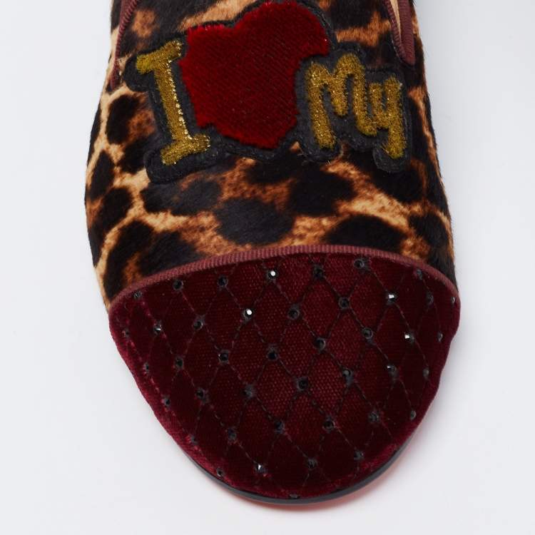 Pre Owned Christian Louboutin Tri-Color Leopard Print Calf Hair and Velvet My Love Smoking Slippers Size 38