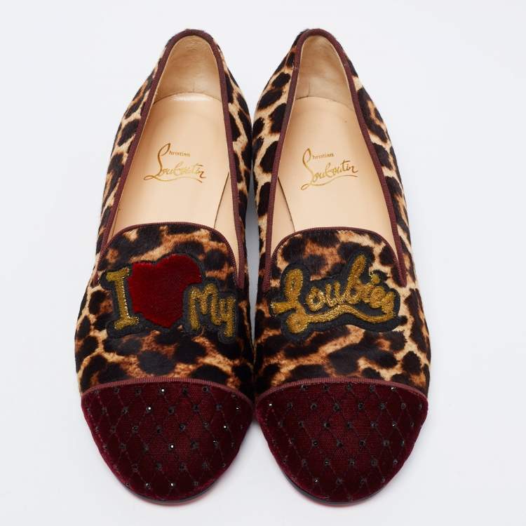 Pre Owned Christian Louboutin Tri-Color Leopard Print Calf Hair and Velvet My Love Smoking Slippers Size 38