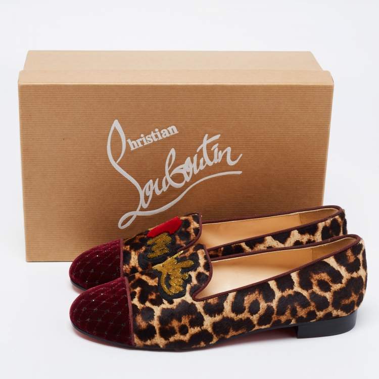 Pre Owned Christian Louboutin Tri-Color Leopard Print Calf Hair and Velvet My Love Smoking Slippers Size 38