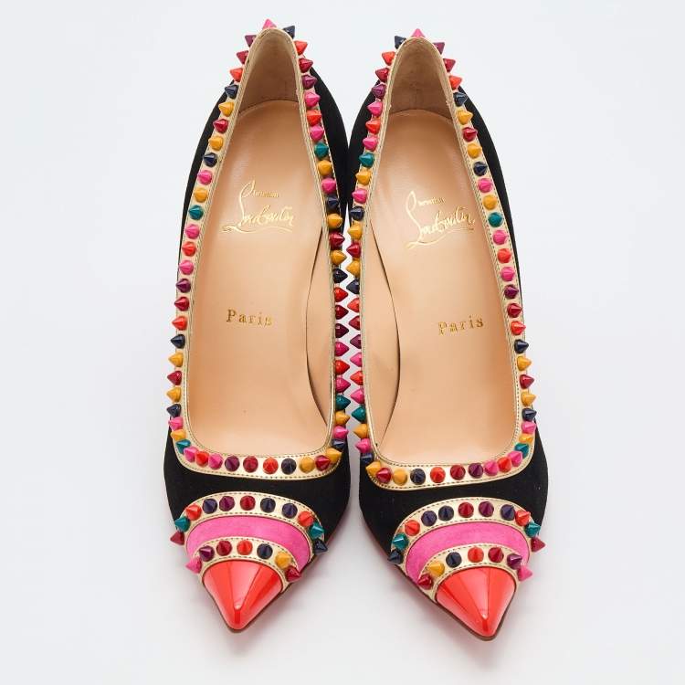 Pre Owned Christian Louboutin Multicolor Suede And Leather Malabar Hill Spiked Pumps Size 39.5
