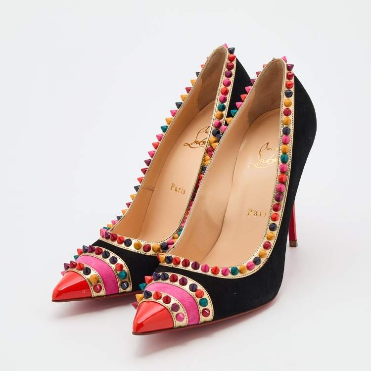 Pre Owned Christian Louboutin Multicolor Suede And Leather Malabar Hill Spiked Pumps Size 39.5