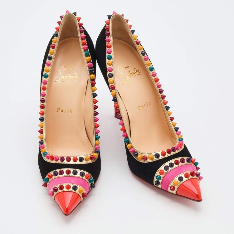 Pre Owned Christian Louboutin Multicolor Suede And Leather Malabar Hill Spiked Pumps Size 39.5
