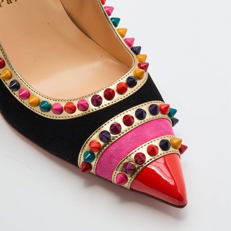 Pre Owned Christian Louboutin Multicolor Suede And Leather Malabar Hill Spiked Pumps Size 39.5