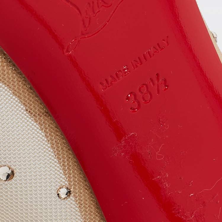 Pre Owned Christian Louboutin Beige Mesh and Glitter Suede Very Strass Peep-Toe Platform Pumps Size 38.5