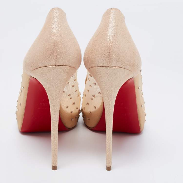 Pre Owned Christian Louboutin Beige Mesh and Glitter Suede Very Strass Peep-Toe Platform Pumps Size 38.5
