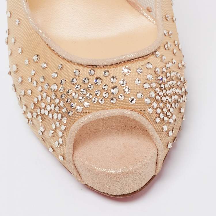 Pre Owned Christian Louboutin Beige Mesh and Glitter Suede Very Strass Peep-Toe Platform Pumps Size 38.5