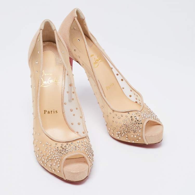 Pre Owned Christian Louboutin Beige Mesh and Glitter Suede Very Strass Peep-Toe Platform Pumps Size 38.5