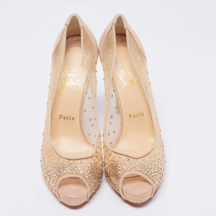 Pre Owned Christian Louboutin Beige Mesh and Glitter Suede Very Strass Peep-Toe Platform Pumps Size 38.5
