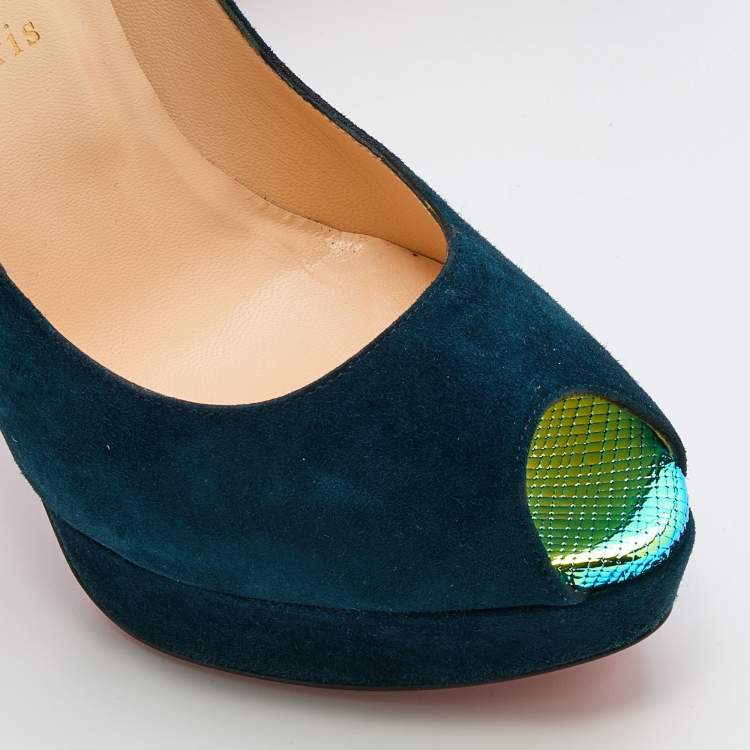 Pre Owned Christian Louboutin Blue Suede Babel Clou Hologram Heel Platform Pumps Size 40