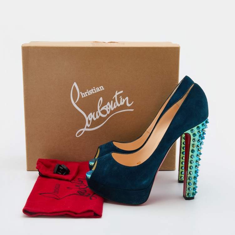 Pre Owned Christian Louboutin Blue Suede Babel Clou Hologram Heel Platform Pumps Size 40