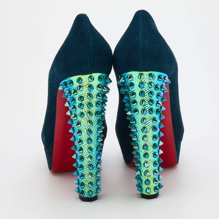 Pre Owned Christian Louboutin Blue Suede Babel Clou Hologram Heel Platform Pumps Size 40