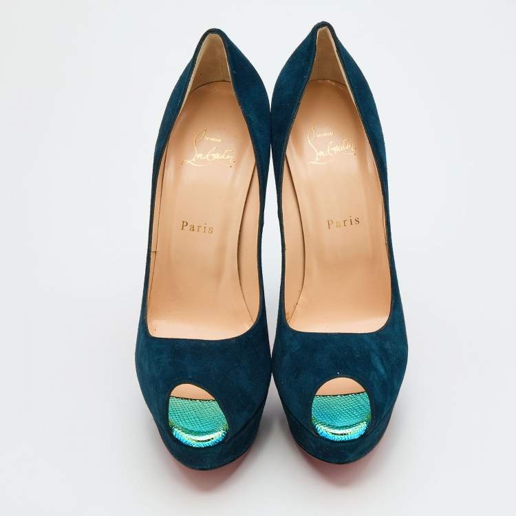 Pre Owned Christian Louboutin Blue Suede Babel Clou Hologram Heel Platform Pumps Size 40