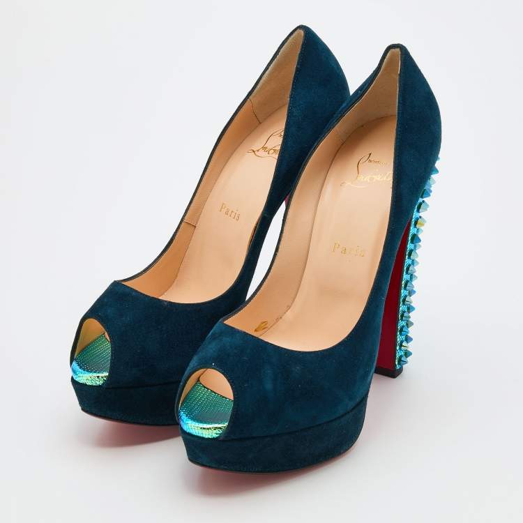 Pre Owned Christian Louboutin Blue Suede Babel Clou Hologram Heel Platform Pumps Size 40