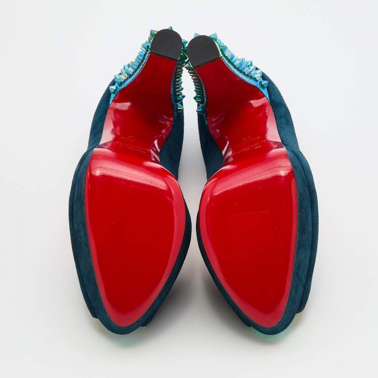Pre Owned Christian Louboutin Blue Suede Babel Clou Hologram Heel Platform Pumps Size 40