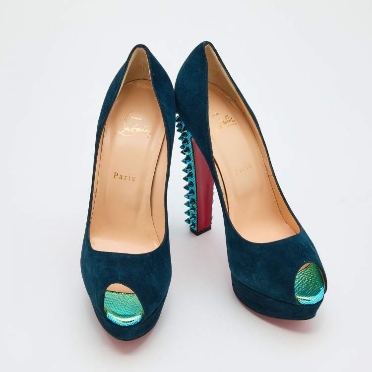 Pre Owned Christian Louboutin Blue Suede Babel Clou Hologram Heel Platform Pumps Size 40