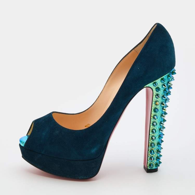 Pre Owned Christian Louboutin Blue Suede Babel Clou Hologram Heel Platform Pumps Size 40