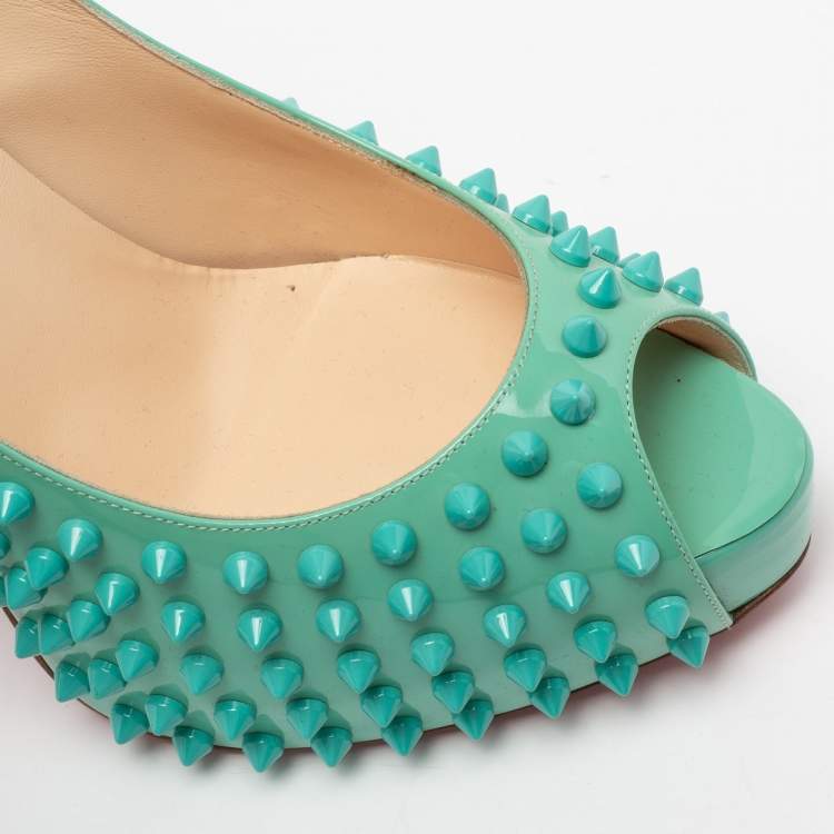 Pre Owned Christian Louboutin Turquoise Patent Leather Very Prive Spikes Peep-Toe Pumps Size 41