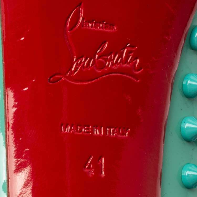 Pre Owned Christian Louboutin Turquoise Patent Leather Very Prive Spikes Peep-Toe Pumps Size 41