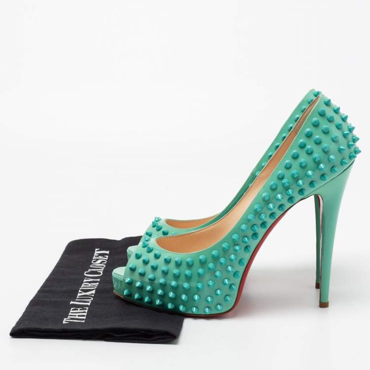 Pre Owned Christian Louboutin Turquoise Patent Leather Very Prive Spikes Peep-Toe Pumps Size 41