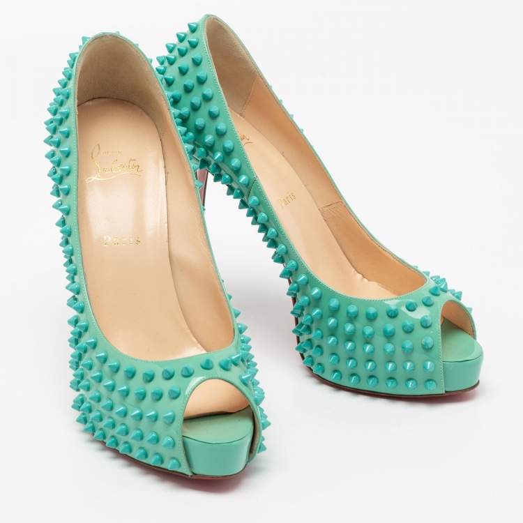 Pre Owned Christian Louboutin Turquoise Patent Leather Very Prive Spikes Peep-Toe Pumps Size 41