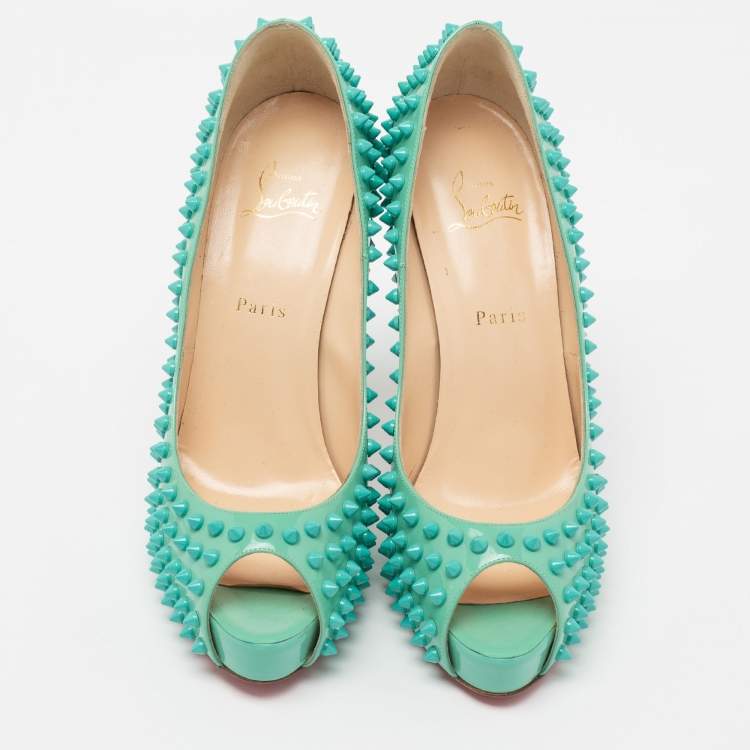 Pre Owned Christian Louboutin Turquoise Patent Leather Very Prive Spikes Peep-Toe Pumps Size 41