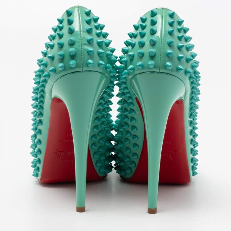Pre Owned Christian Louboutin Turquoise Patent Leather Very Prive Spikes Peep-Toe Pumps Size 41