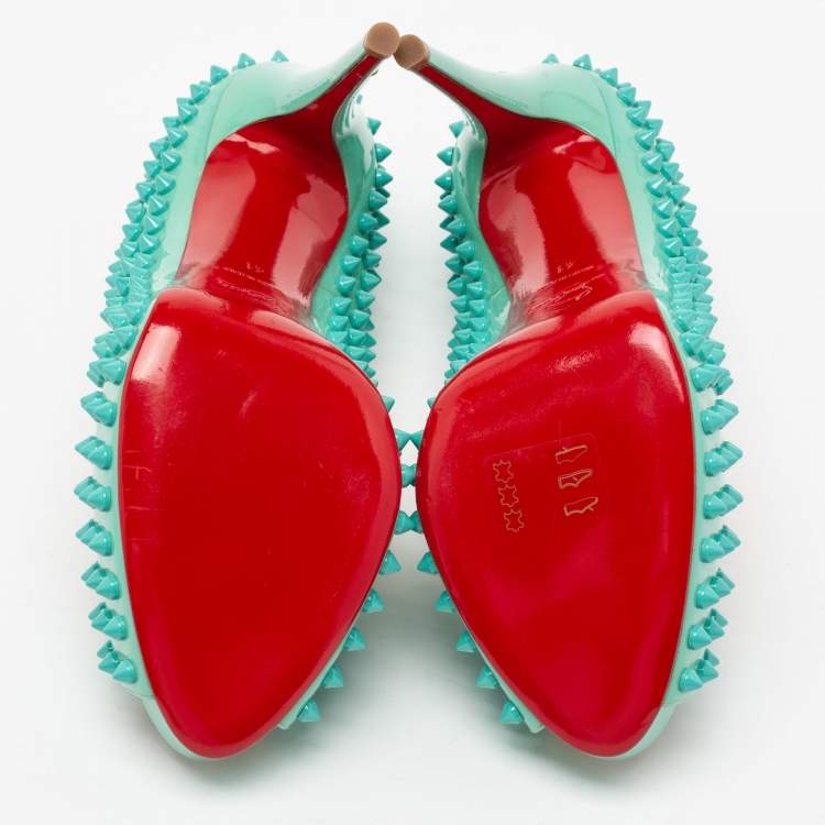 Pre Owned Christian Louboutin Turquoise Patent Leather Very Prive Spikes Peep-Toe Pumps Size 41