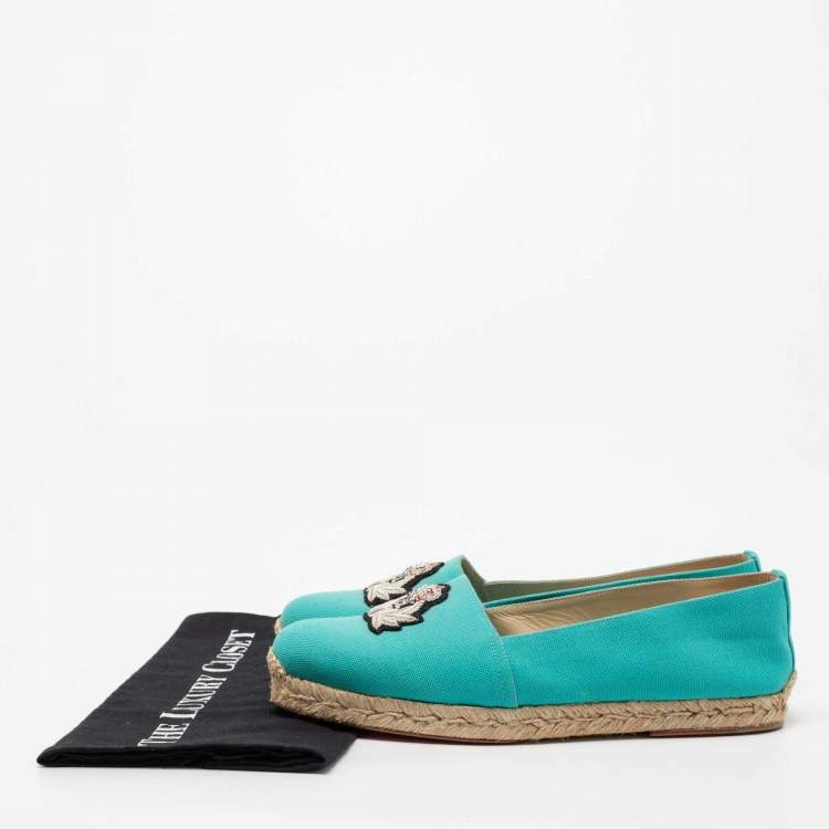 Pre Owned Christian Louboutin Aqua Blue Canvas Gala Embroidered Crest Espadrille Loafers Size 40