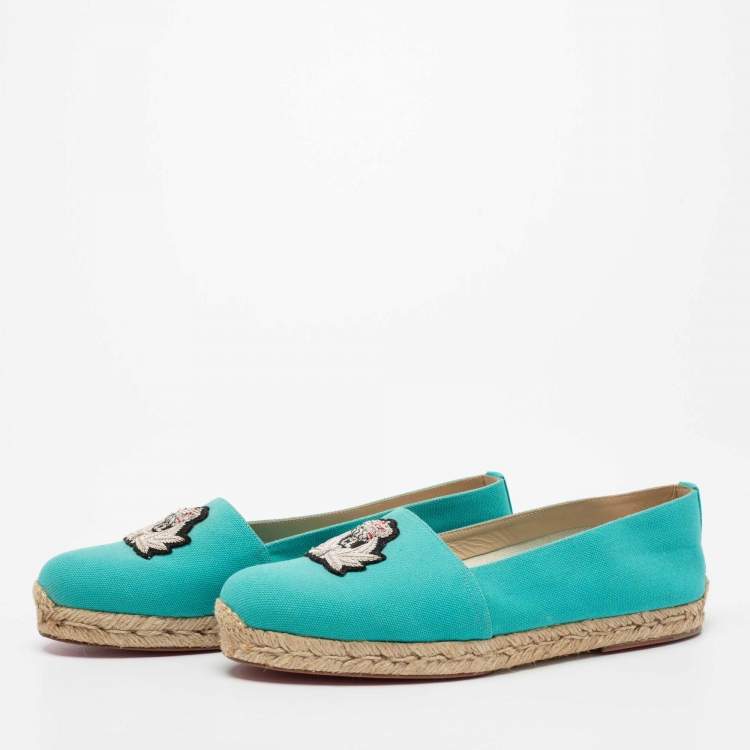 Pre Owned Christian Louboutin Aqua Blue Canvas Gala Embroidered Crest Espadrille Loafers Size 40