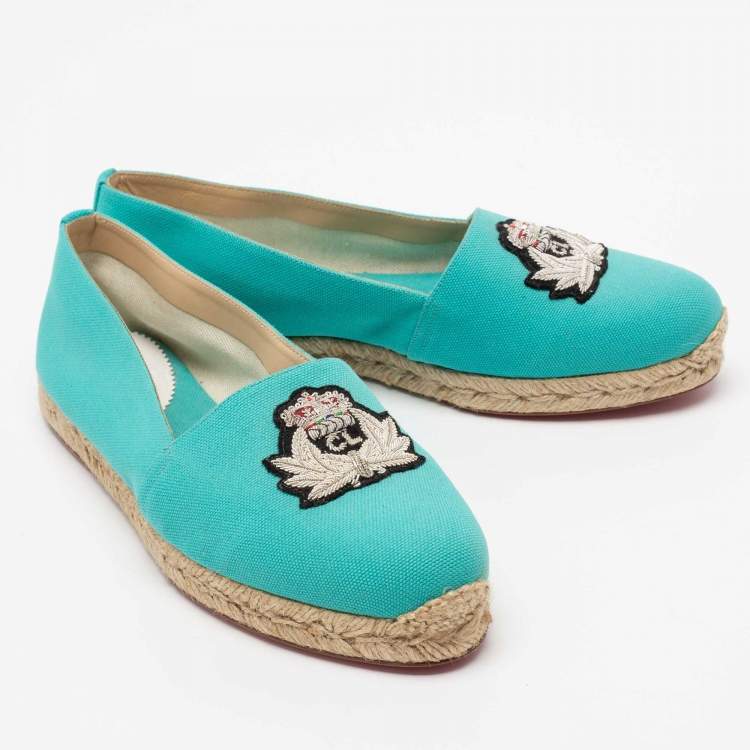 Pre Owned Christian Louboutin Aqua Blue Canvas Gala Embroidered Crest Espadrille Loafers Size 40