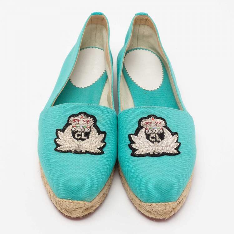 Pre Owned Christian Louboutin Aqua Blue Canvas Gala Embroidered Crest Espadrille Loafers Size 40