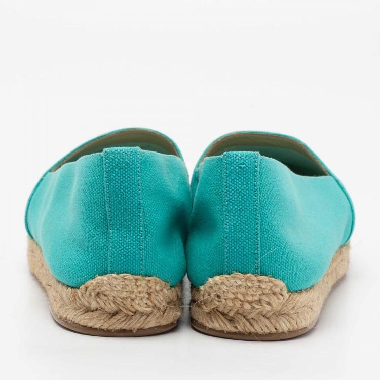 Pre Owned Christian Louboutin Aqua Blue Canvas Gala Embroidered Crest Espadrille Loafers Size 40