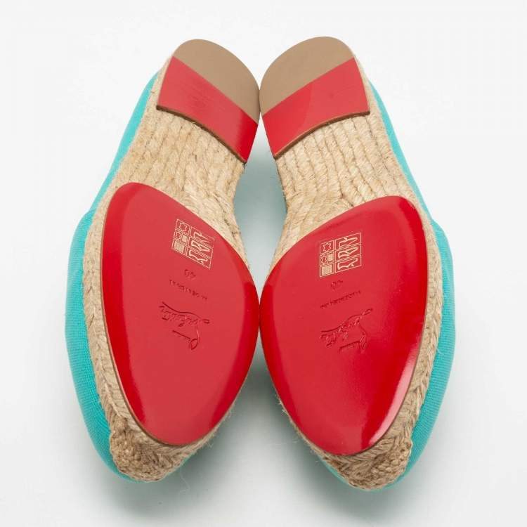 Pre Owned Christian Louboutin Aqua Blue Canvas Gala Embroidered Crest Espadrille Loafers Size 40