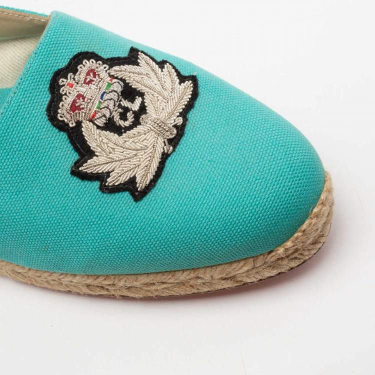 Pre Owned Christian Louboutin Aqua Blue Canvas Gala Embroidered Crest Espadrille Loafers Size 40