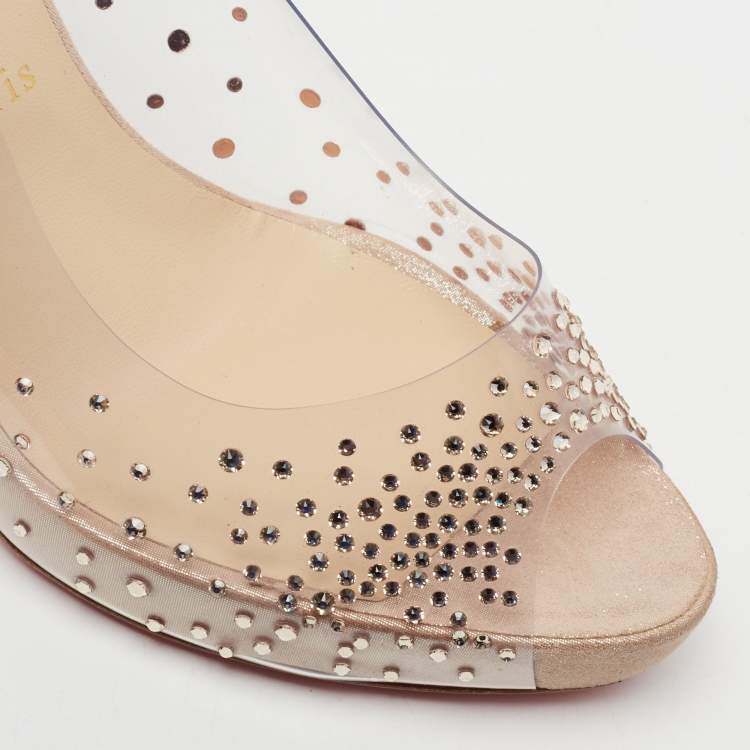 Pre Owned Christian Louboutin Beige Shimmer Suede and PVC Very Strass Peep-Toe Pumps Size 41