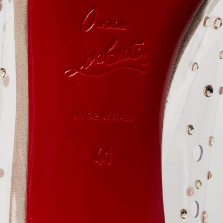Pre Owned Christian Louboutin Beige Shimmer Suede and PVC Very Strass Peep-Toe Pumps Size 41